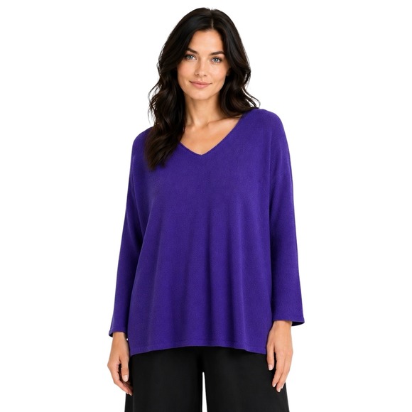 Eileen Fisher Sweaters - Eileen Fisher Purple Italian Wool‎ Lightweight Knit Tunic Sweater V-Neck Size L
